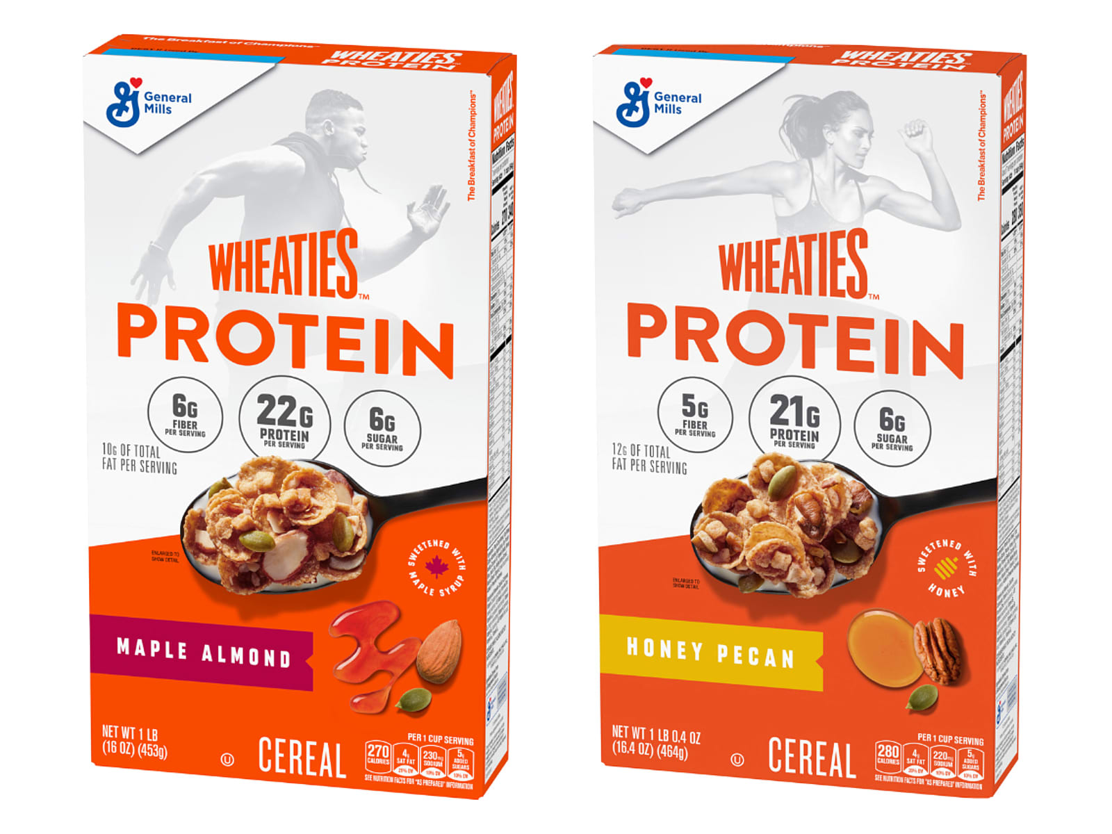 Wheaties Protein packs more than 20 grams of protein in every serving and is available in Maple Almond and Honey Pecan.